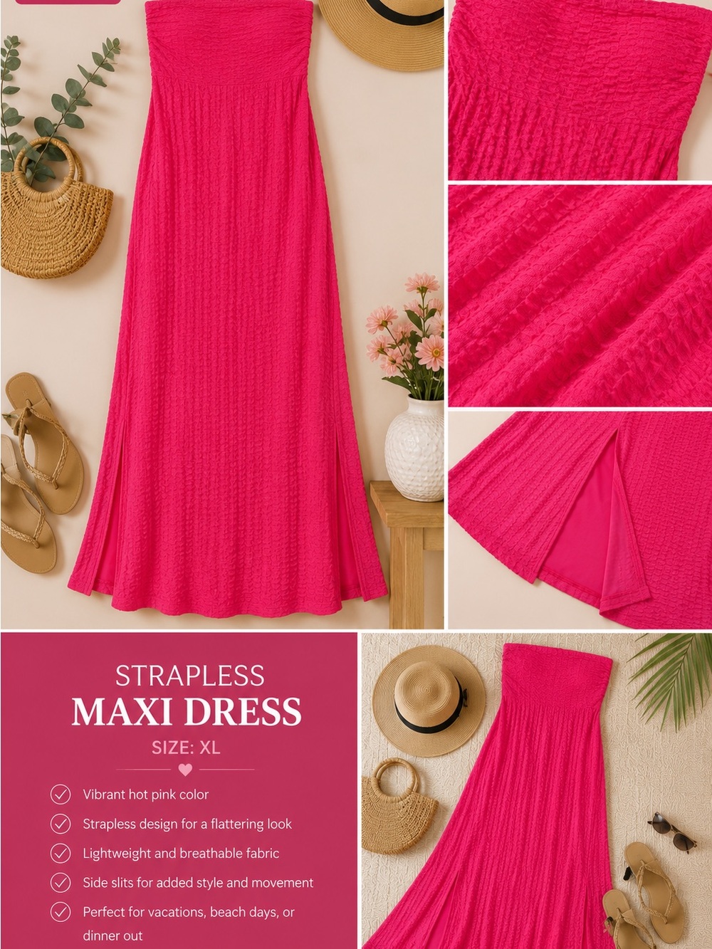 SHEIN Vibrant Hot Pink Strapless Maxi Dress